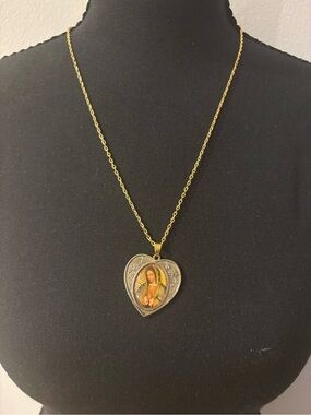 Gold-Silver tone - Heart Virgin Mary Pendant Necklace - Religious Women Jewelry